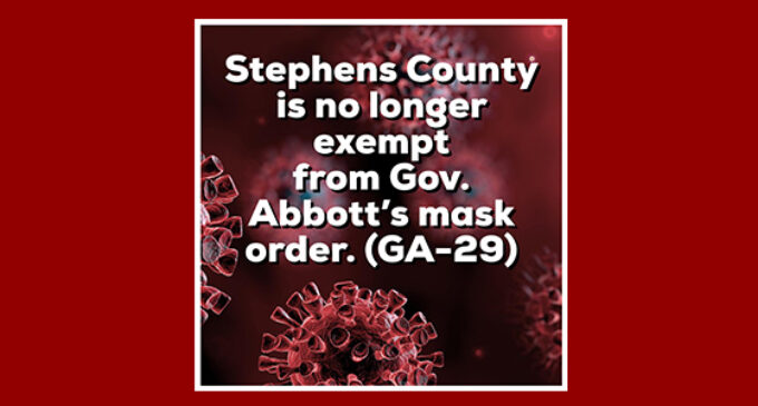 Update: Stephens County no longer exempt from mandatory mask order as number of active COVID-19 cases surpasses 21