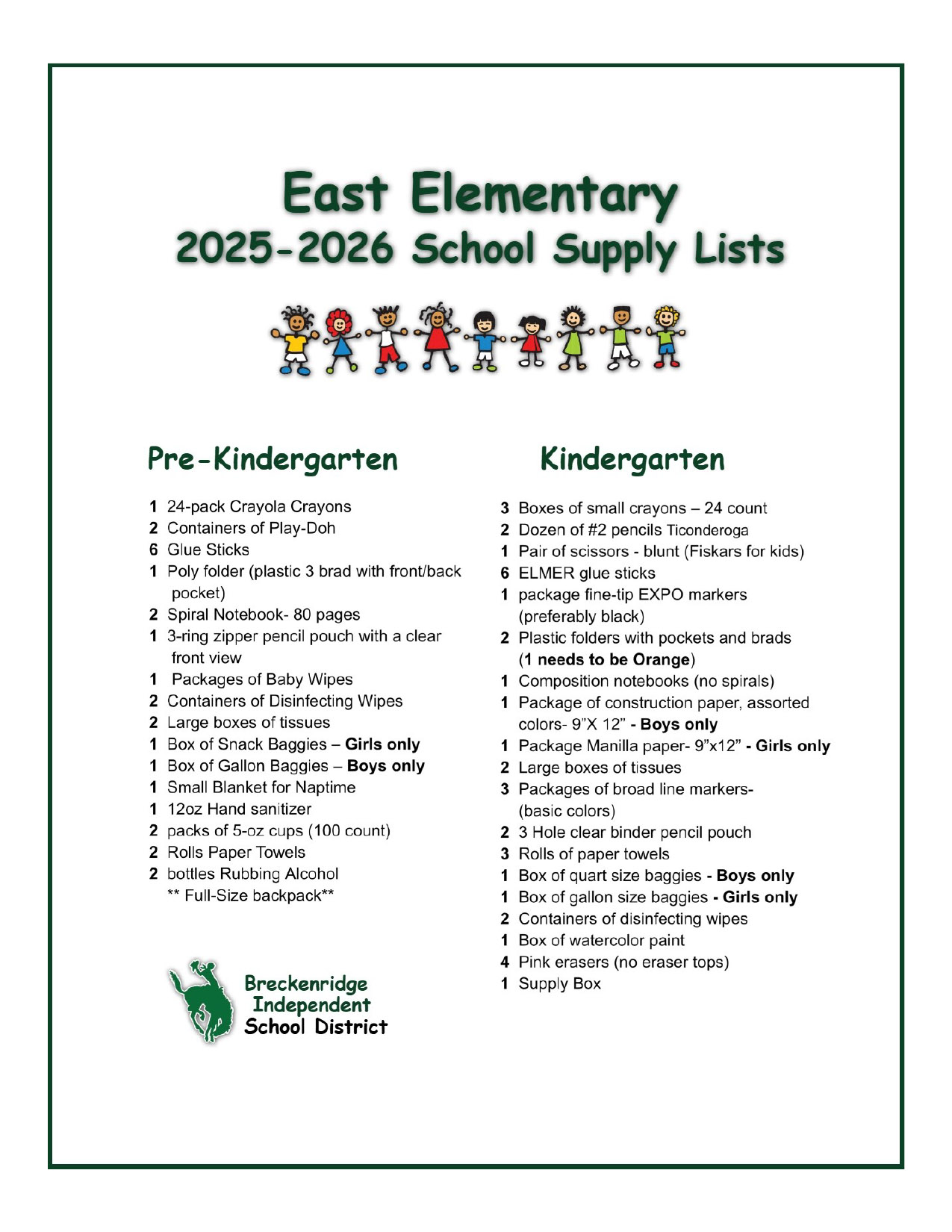 Breckenridge ISD posts school supply lists 2025 26 calendar